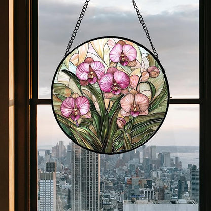 Stained Glass Window Hanging - Pink Phalaenopsis Orchid Green Leaves Sun Catcher for Door Home Decor Flower Suncatcher Christmas Mother's Day Birthday Gifts for Women Men Mom Nana 11.8 in