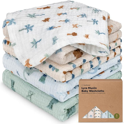 5-Pack Muslin Baby Washcloths for Newborn – 12x12" Soft Absorbent Organic Cotton Muslin Wash Cloths for Babies Girl, Boy, Infant, Toddlers, Kids Face Towel, Bath Essentials, Baby Burp Rags (Dino Park)