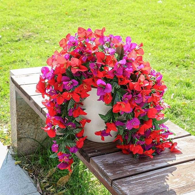 Faux Bougainvillea Artificial Flowers Plants for Outdoors Outside Decoration, 2pcs Fake Flowers Silk Long Trailing Vines UV Resistant Realistic for Front Door Porch Planter Urn Patio Balcony Yard, Mix