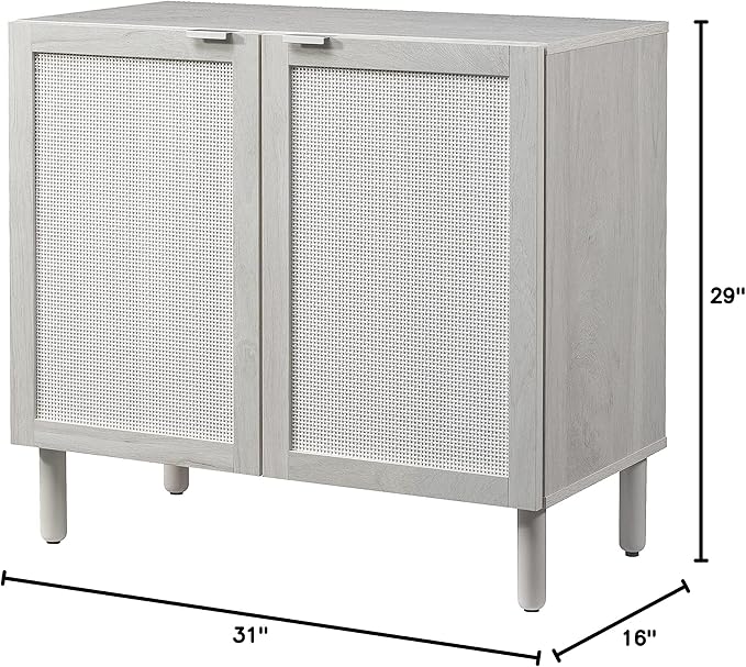 Sango Orre 2-Door Cabinet, Modern White Storage Cabinet with Synthetic Rattan Door Panels, Adjustable Shelf, Cylindrical Wood Legs, Discreet Finger Pulls, Elegant Furniture for Office or Living Room