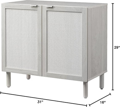Sango Orre 2-Door Cabinet, Modern White Storage Cabinet with Synthetic Rattan Door Panels, Adjustable Shelf, Cylindrical Wood Legs, Discreet Finger Pulls, Elegant Furniture for Office or Living Room