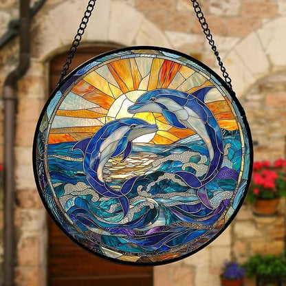 Stained Glass Window Hanging, Blue Dolphin Sun Catchers Colorful Glass Panel Sunrise Sea View Suncatcher Decor for Birthday for Women, Men, Wife, Aunt, and Mom 7.8 in