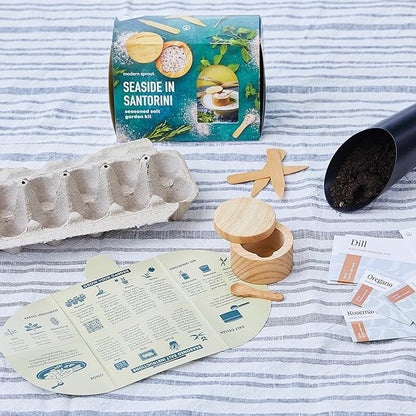 Modern Sprout Travel Trio Seaside in Santorini; Travel-Inspired Seed Kit with Salt Cellar, Organic Seed Starting; Gardening Gift (Seaside in Santorini)
