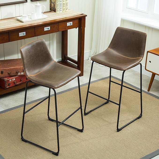 Roundhill Furniture Lotusville Vintage PU Leather Barstools, Antique Brown, Set of 2