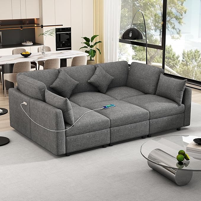 Ball & Cast Oversize Modular Sectional Sofa,85.4" 5-Seater Couch with USB Ports and 9 Pillows,Chenille Upholstered Convertible Sleeper Sofabed w/Movable Ottoman,for Living Room,Grey