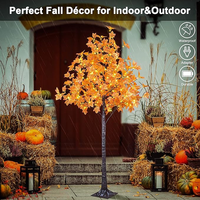 Lightshare 7FT LED Lighted Maple Tree - Dotted with 208 Warm White LED Lights Orange for Thanksgiving Harvest Fall Festival Home Party Decoration